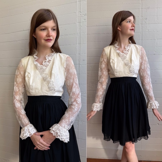 1960s 60s Black and White Two Tone Lace and Chiffon Mini Dress - XS/S -  Etsy Norway