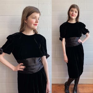 1980s 80s Black Velvet Wiggle Dress with Ribbon Details - Medium