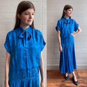 Blauwe zijden jurk met lage taille uit de jaren 80 en 80 - medium