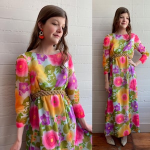 1960s 60s Floral Neon Gown - S/M