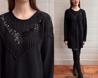 1980s 80s Black Knitted Sweater Dress with Beaded Neckline - Medium