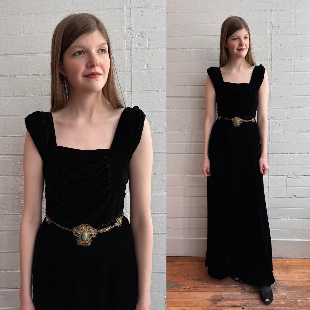 1930s 30s Black Silk Velvet Gown With Attached Ornate Turquoise Belt ...