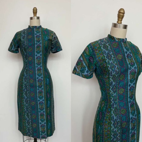 1950s 50s Blue Green Floral Paisley Wiggle Dress … - image 1