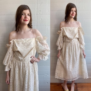 1980s 80s ivory lace prom dress - S/M