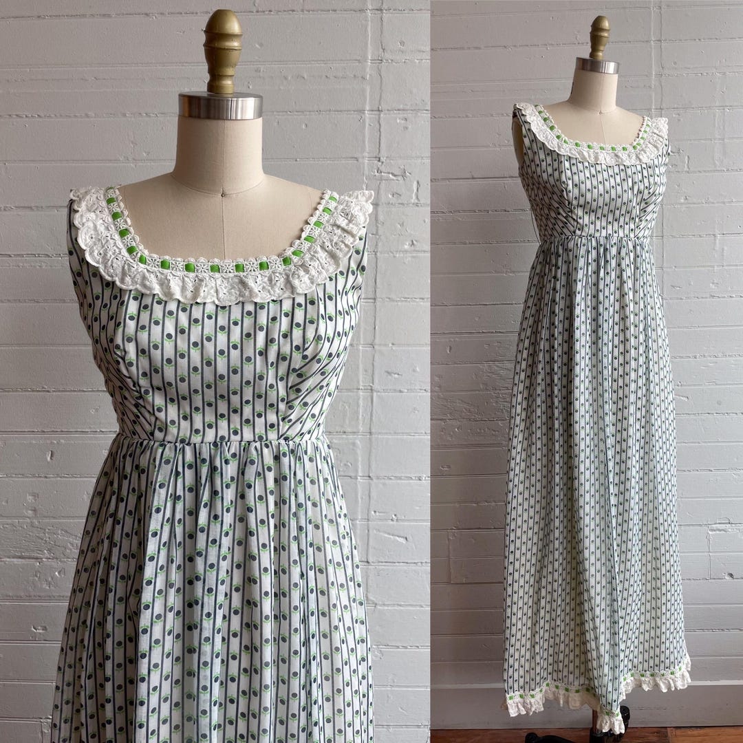 1970s 70s Green and White Floral Empire Waist Maxi Dress - Small - Etsy