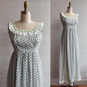 1970s 70er Jahre Maxikleid Empire-Taille grün-weiß - S