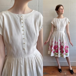 1950s 50s White Cotton Dress with Pink Rose Motif - Medium