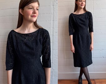 1950s 50s Black Lace Wiggle Dress - Small
