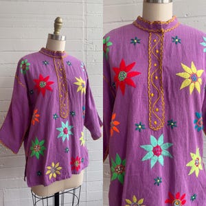 1970er 70er Jahre Lila Bestickte Tunika Floral - Medium