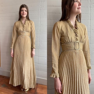 1970s 70s Gold Lurex Empire Waist Gown with Faux Belt - XS