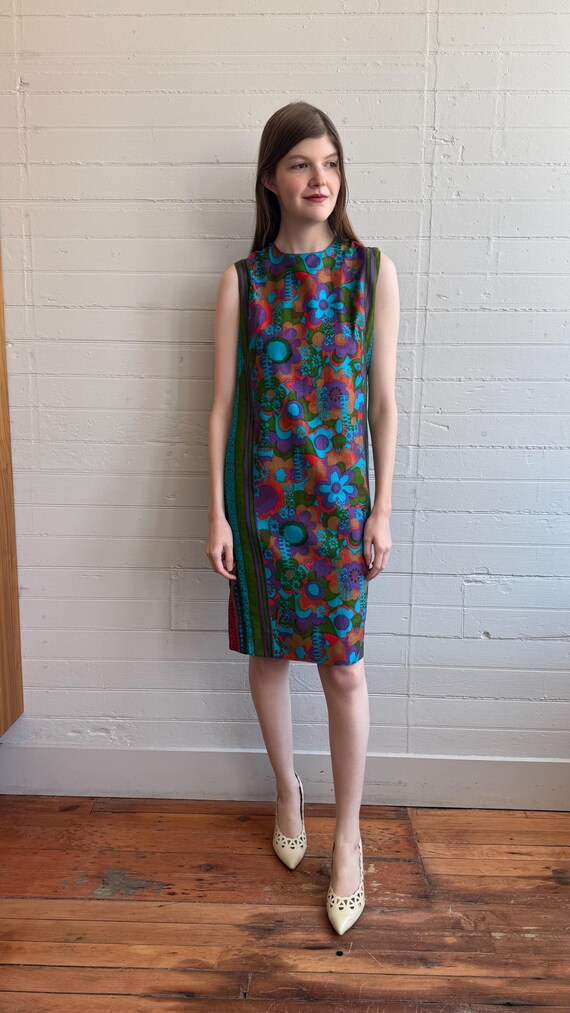 1960s 60s Psychedelic Floral Cotton Sheath Dress … - image 2