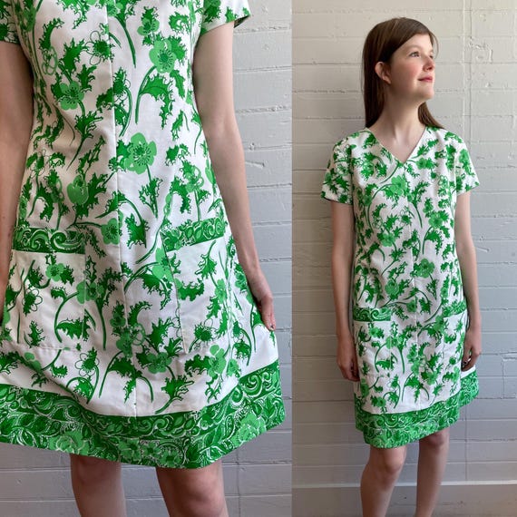 1960s 60s Key West Mini Tunic Dress with Green Floral Pattern