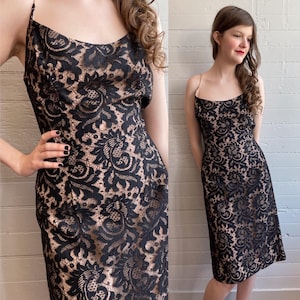 1950s 50s 60s black lace overlay cocktail dress - Medium