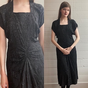 1940s 40s Beaded Black Cocktail Dress - Small