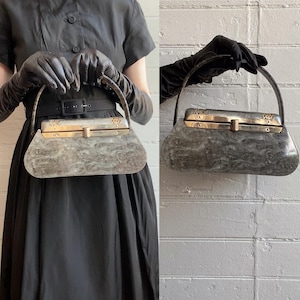 1950s 50s Lucite Dark Gray Pearlized Handbag with Silver Cutout Details