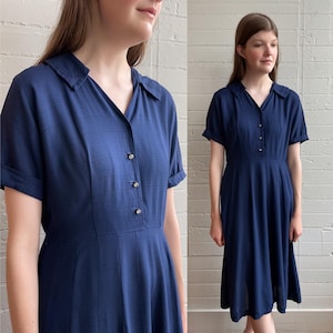 1940s 40s Navy Cotton Day Dress with Rhinestone Buttons - Medium
