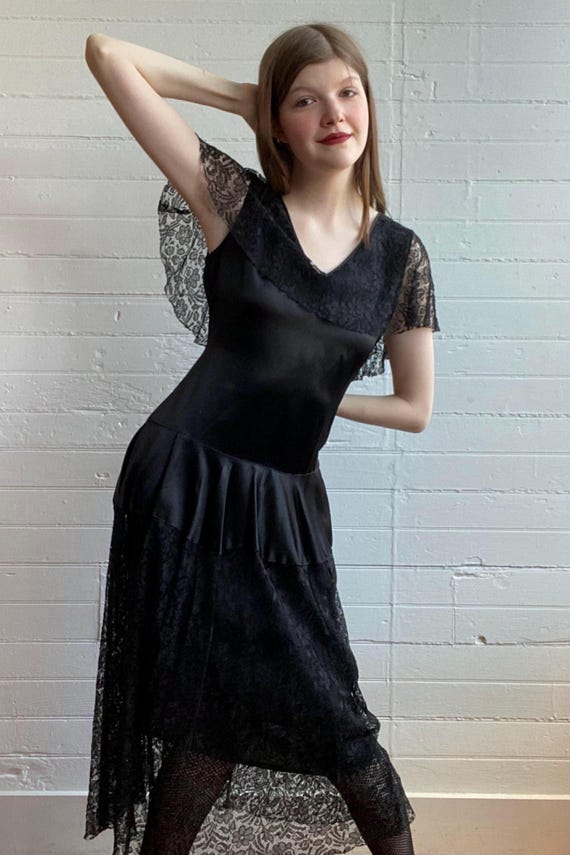 1920s 20s Black Silk and Lace Tiered Dress Drop Waist… - Gem