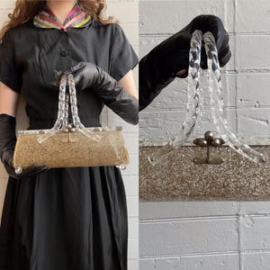 1950s 50s Lucite Clear Oblong Handbag with Gold Confetti Detail