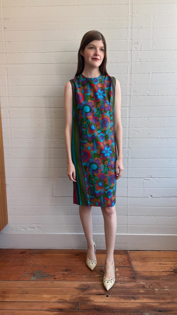 1960s 60s Psychedelic Floral Cotton Sheath Dress … - image 4