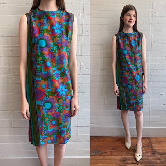 1960s 60s Psychedelic Floral Cotton Sheath Dress … - image 1