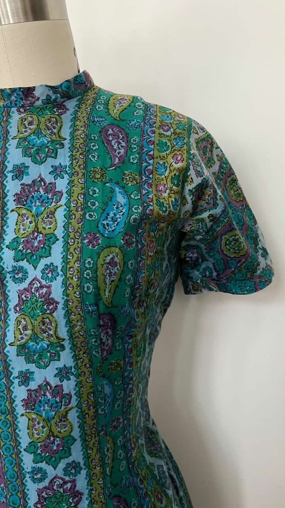 1950s 50s Blue Green Floral Paisley Wiggle Dress … - image 4