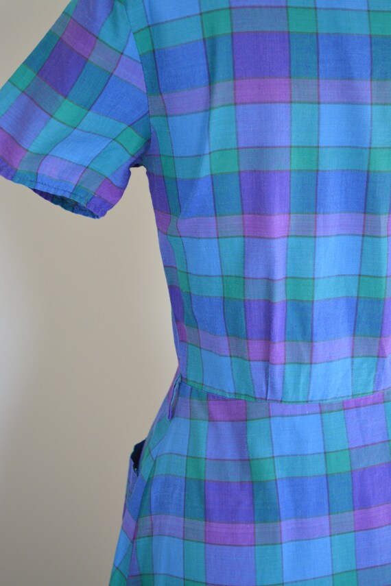 1950s Purple Blue Green Plaid Shirt Waist Dress B… - image 5