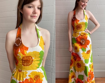1970s 70s Malia Sunflower Print Halter Maxi Dress- XS