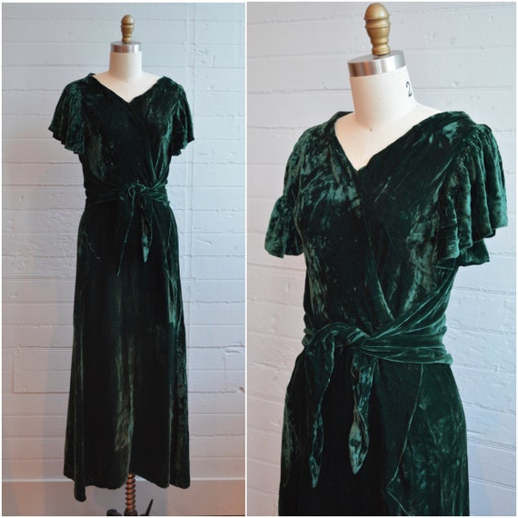 1930s 30s Green Velvet Holiday Dress Butterfly Sl… - image 1