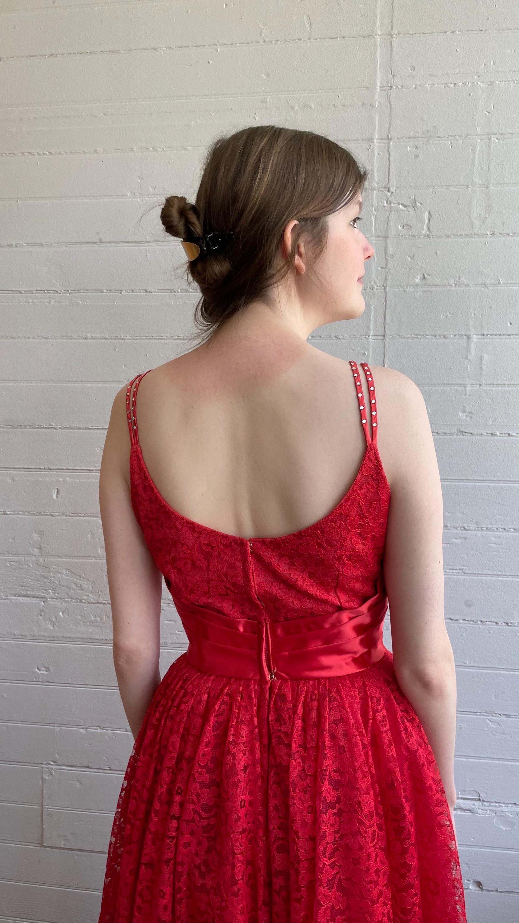 red lace 50s dress VTG Women's 50s Red Lace Cocktail / Party Dress W/ Tiered Skirt 1950s