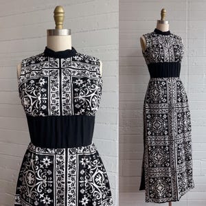 1970s 70s Black and White Side Slit Maxi Dress - XS/S