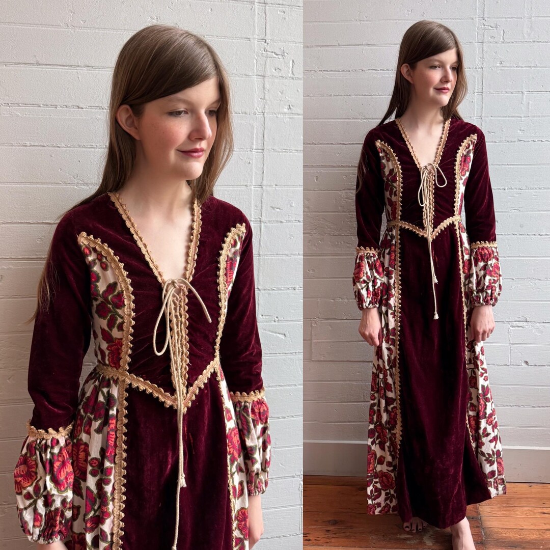 1970s 70s Gunne Sax Black Label Red Velvet and Rose Maxi Dress - XS - Etsy