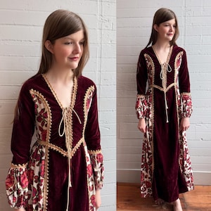 Gunne Sax jaren 70 Black Label maxi-jurk rood fluweel en roze - XS