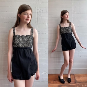1950s 50s Black One Piece Swimsuit with Lace Details - M/L
