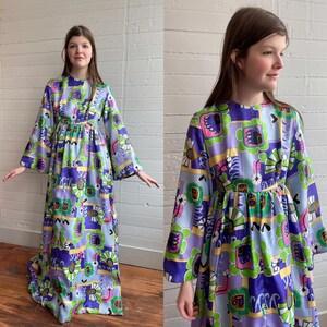 1970s 70s Abstract Floral Print Empire Waist Maxi Dress - S/M