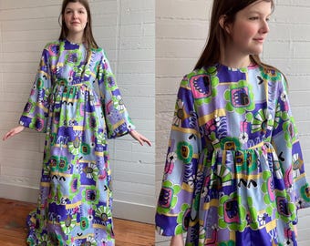 1970s 70s Abstract Floral Print Empire Waist Maxi Dress - S/M