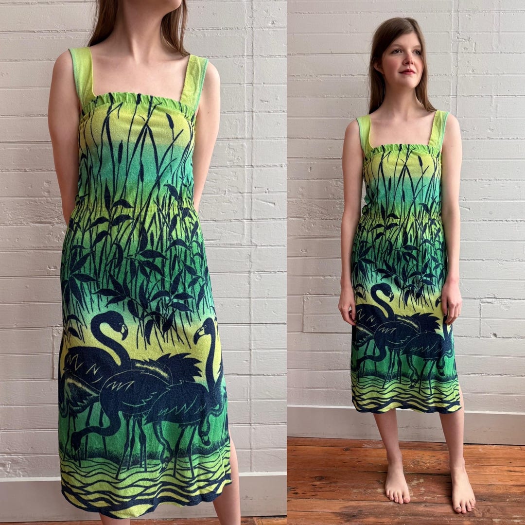 1980s 80s Green Terry Cloth Sheath Dress With Flamingo Motif - S/M - Etsy