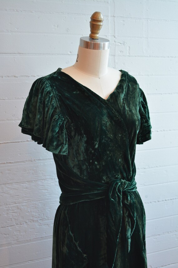 1930s 30s Green Velvet Holiday Dress Butterfly Sl… - image 3