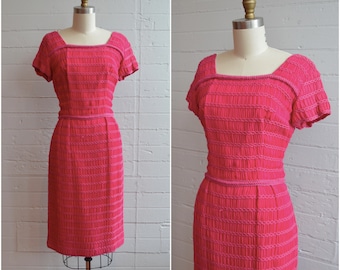 1950s 50s 1960s 60s Hot Pink Chiffon Wiggle Dress Striped Bright Pink Square Neckline Short Sleeves Pencil Skirt - Size Small / Medium