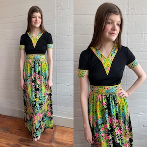 1970s 70s Mr Dino Floral Maxi Dress with Wide Waist Band - XS