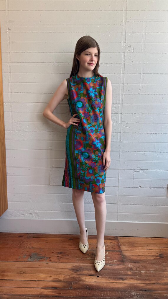 1960s 60s Psychedelic Floral Cotton Sheath Dress … - image 3