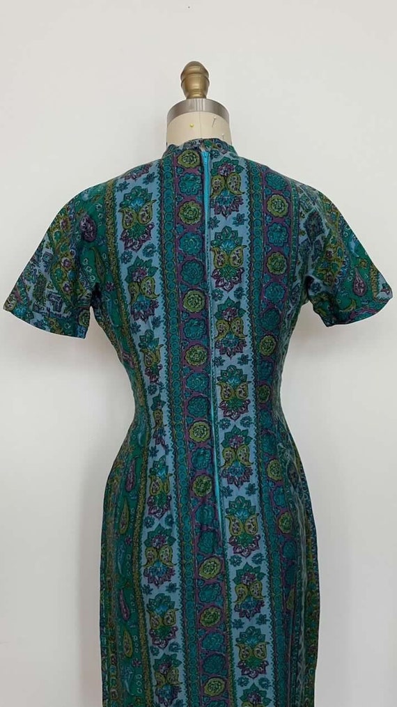 1950s 50s Blue Green Floral Paisley Wiggle Dress … - image 2