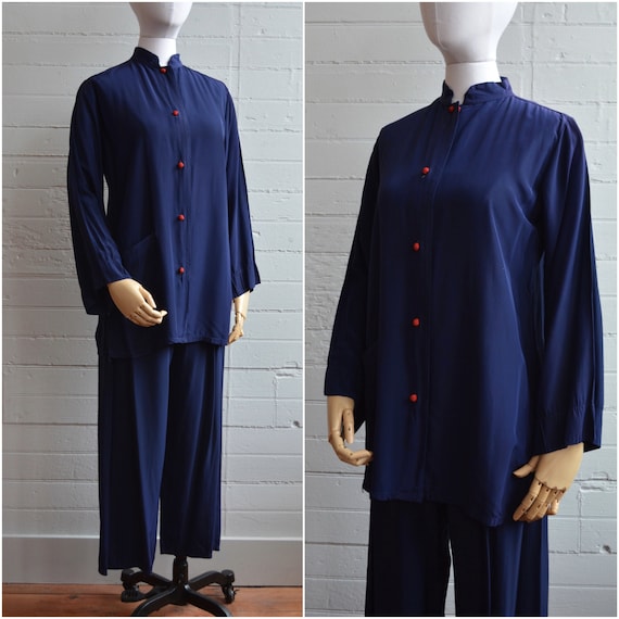 1940s 40s Cold Rayon Navy Lounge Set Pants and Top