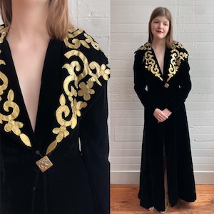1940s 40s Silk Velvet Opera Coat with Gold Details - S/M