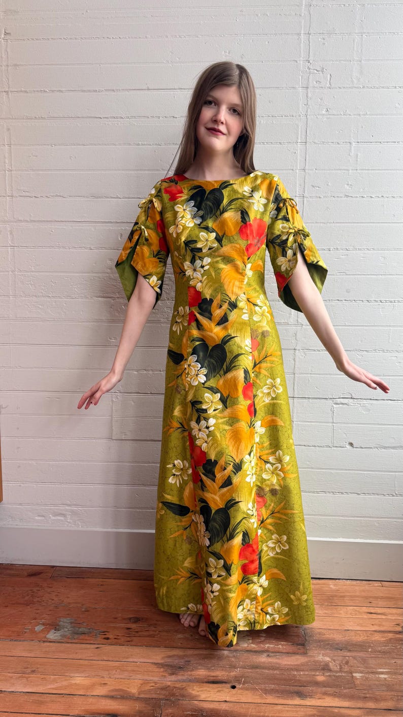 1960s 60s 70s Green Hawaiian Maxi Sheath Dress With Tropical Orange ...