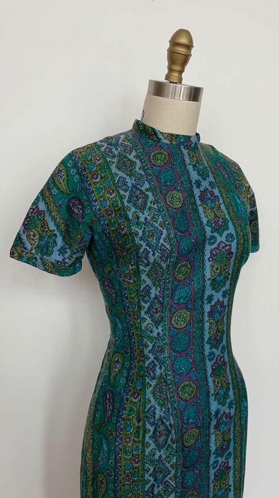 1950s 50s Blue Green Floral Paisley Wiggle Dress … - image 3