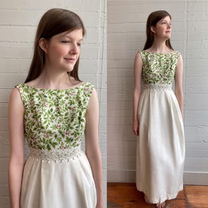 1960s 60s Empire Waist Maxi Dress with Floral Vine Bodice - XXS
