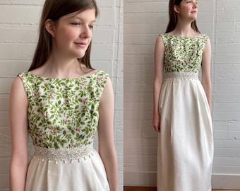 1960s 60s Empire Waist Maxi Dress with Floral Vine Bodice - XXS