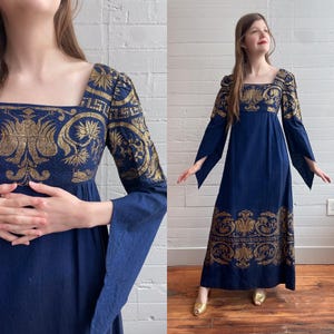 1960s Late 60s Magical Navy Dress with Gold Embroidery Details - Small