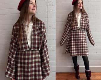 1970er 70er Jahre karierter Woll Bolero und Wickelrock Set - Small