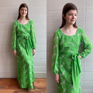1970s 70s Lime Green Eyelet Prairie Style Maxi Dress - Medium